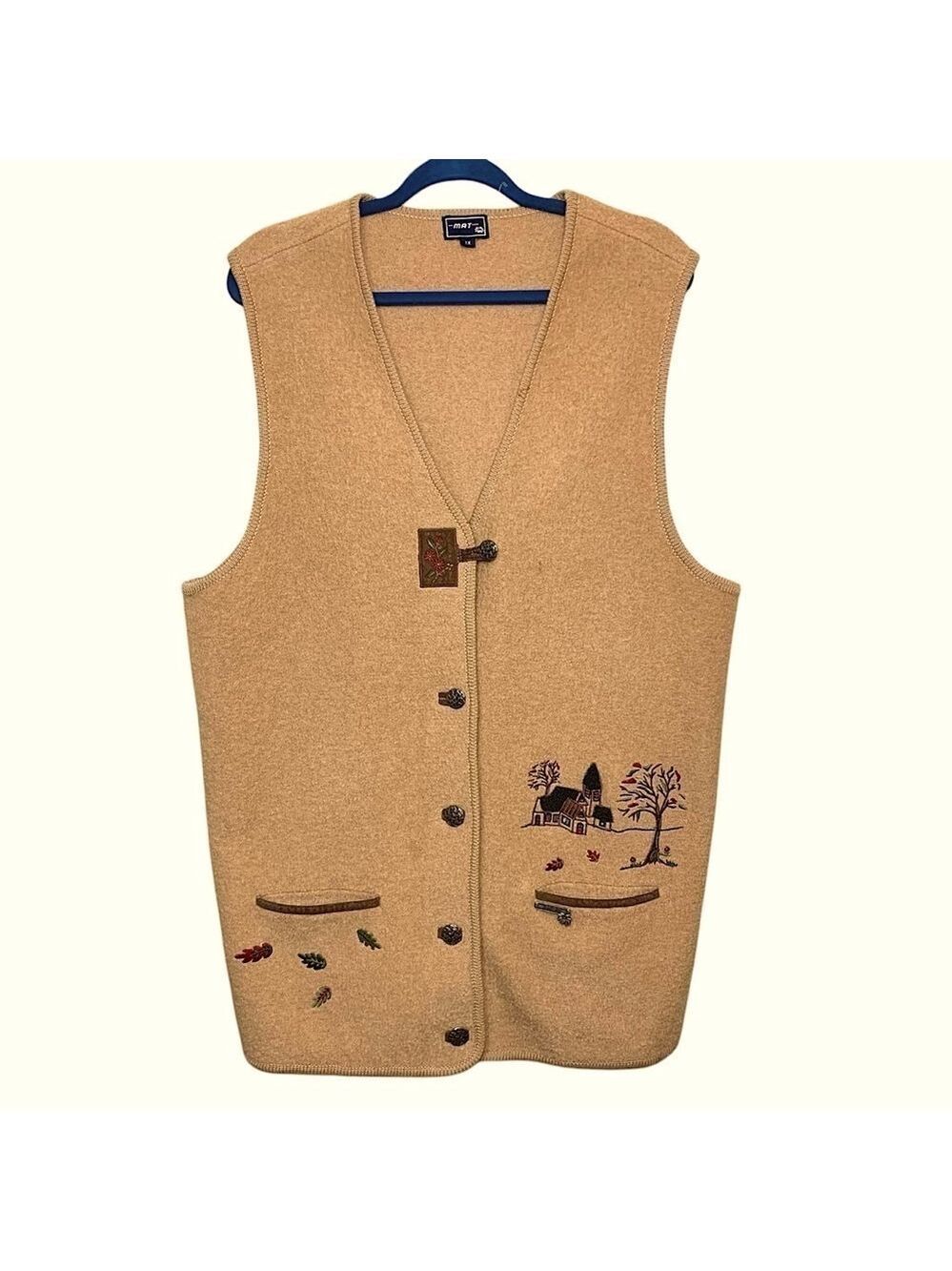 Vintage Boiled Wool Vest Jacket Sz 1X Tan Brown Embroidered Landscape Neutral